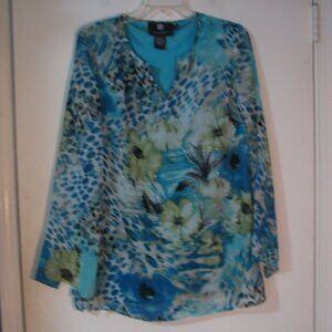 DS by Debbie Shuchat Blouse Medium Teal Blue Green Floral Lightweight
